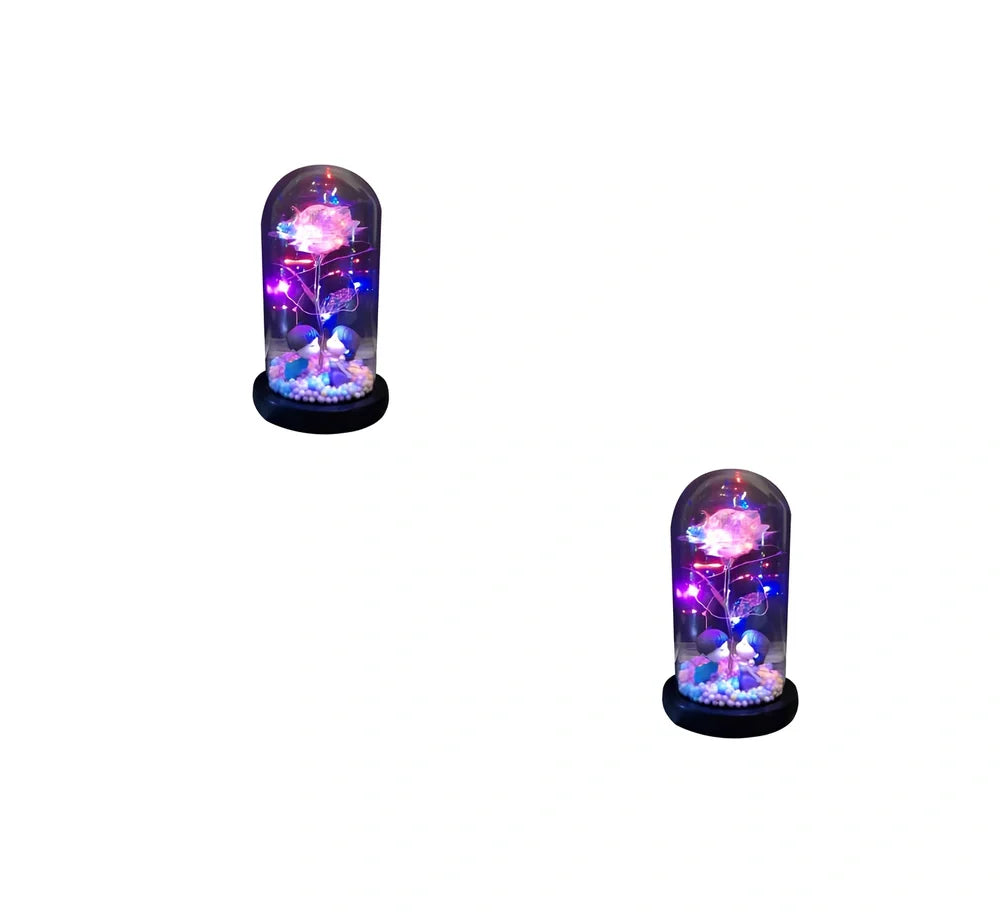 Glass dome LED rose flower micro landscape with gold petals and black base