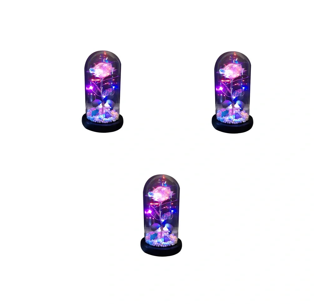 Glass dome LED rose flower micro landscape with gold petals and black base