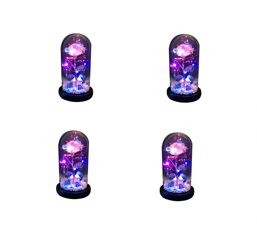 Glass dome LED rose flower micro landscape with gold petals and black base