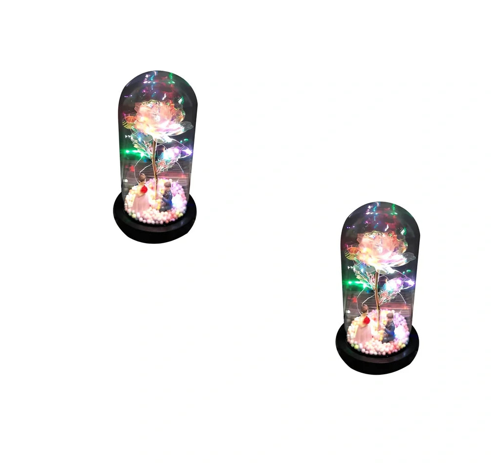 Glass dome LED rose flower micro landscape with gold petals and black base