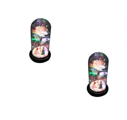 Glass dome LED rose flower micro landscape with gold petals and black base