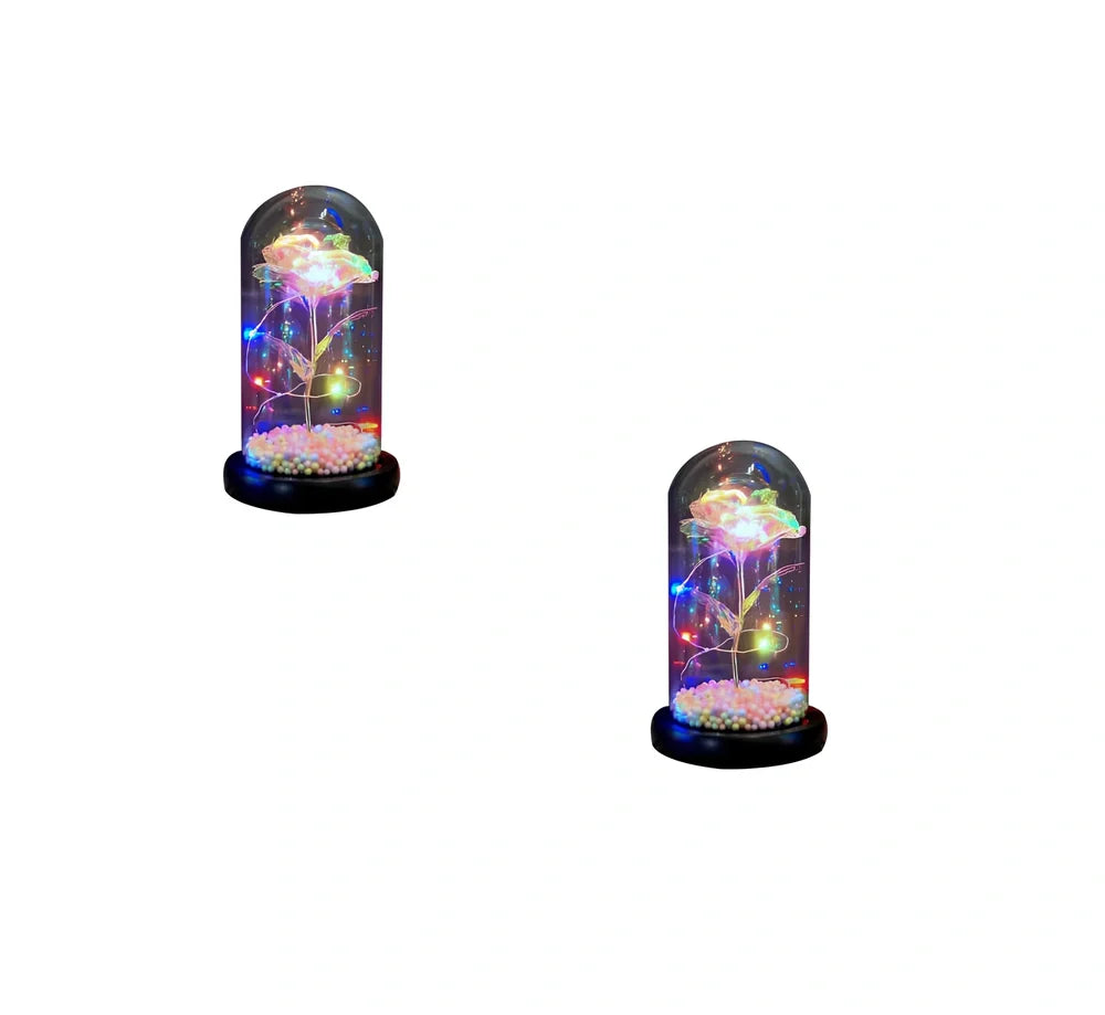 Glass dome LED rose flower micro landscape with gold petals and black base