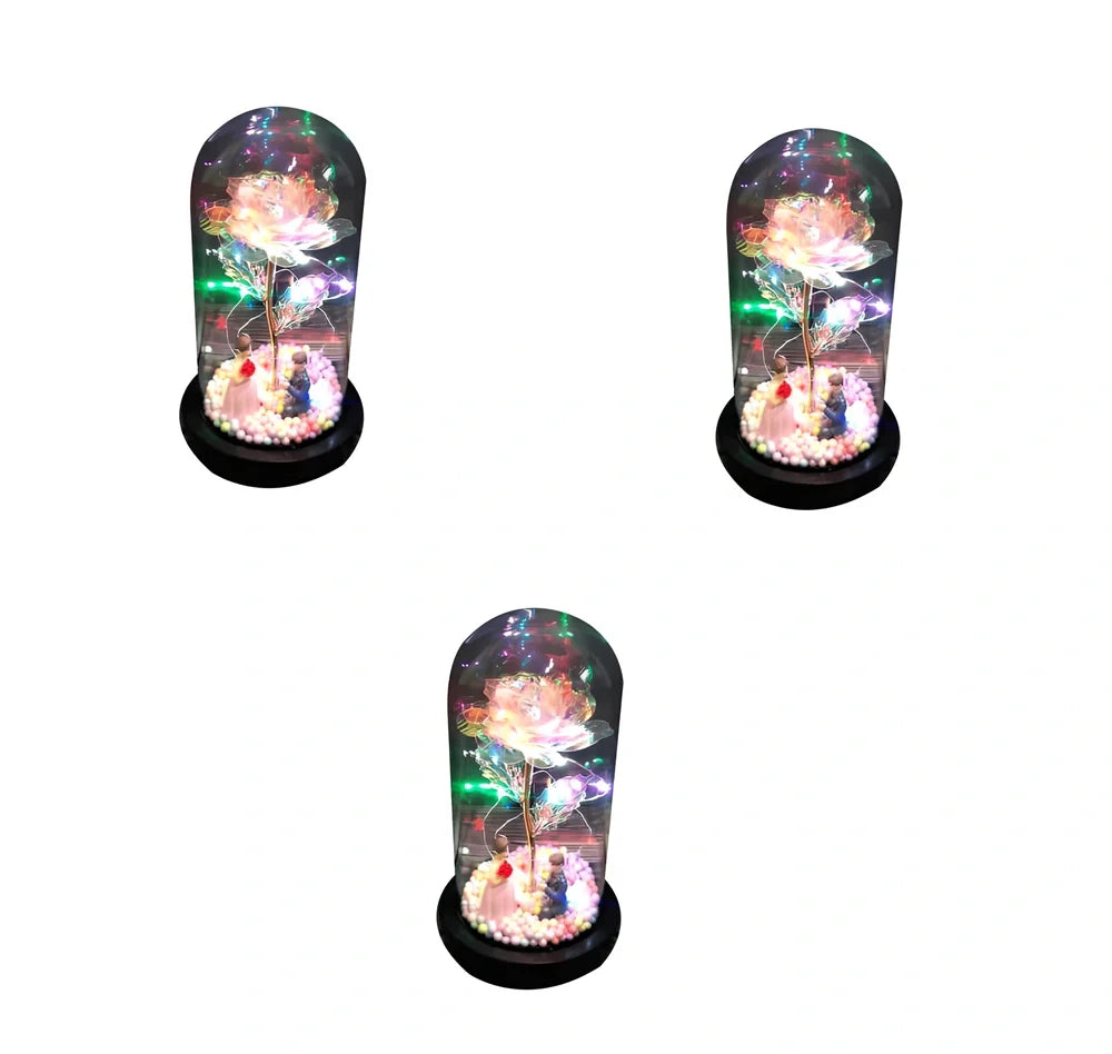 Glass dome LED rose flower micro landscape with gold petals and black base