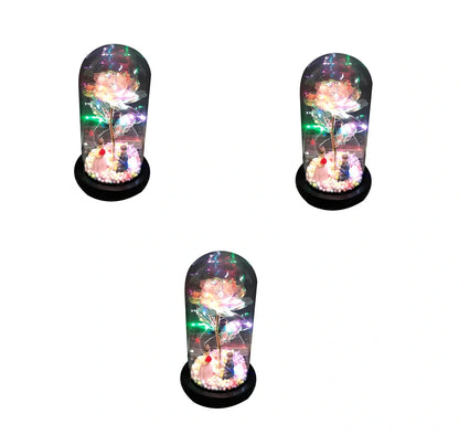 Glass dome LED rose flower micro landscape with gold petals and black base