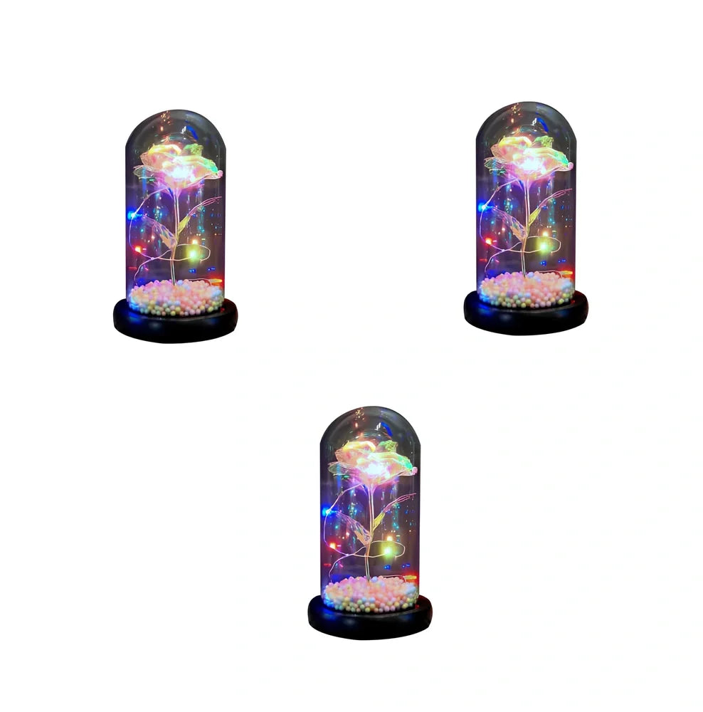 Glass dome LED rose flower micro landscape with gold petals and black base