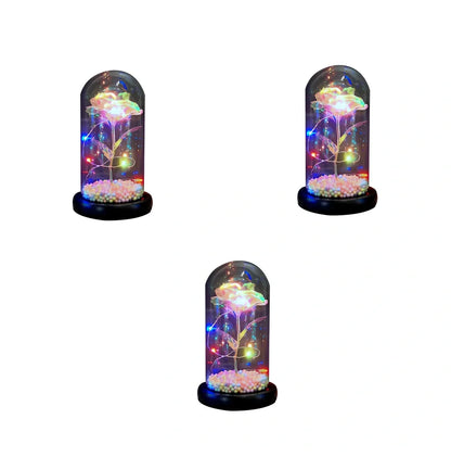 Glass dome LED rose flower micro landscape with gold petals and black base