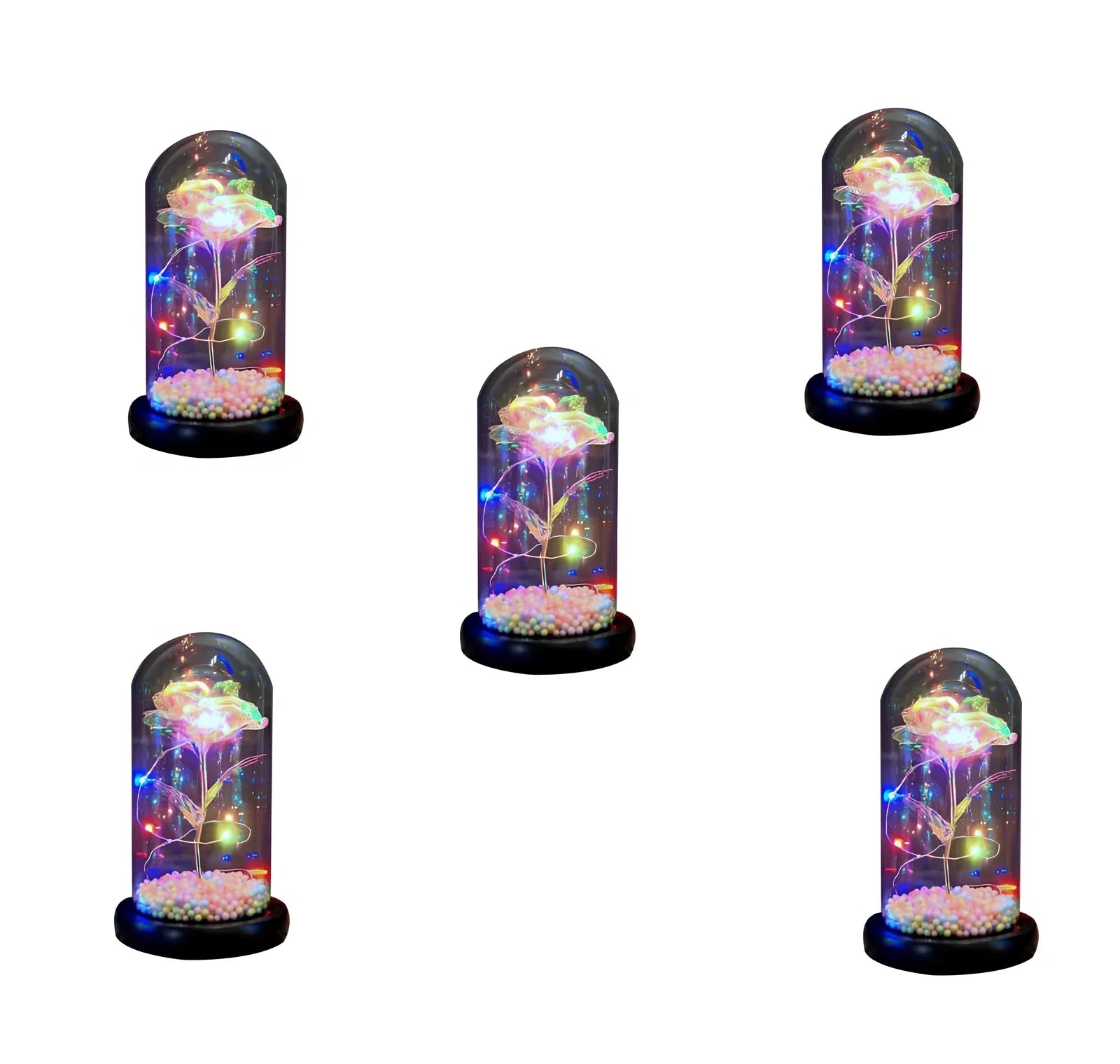 Glass dome LED rose flower micro landscape with gold petals and black base