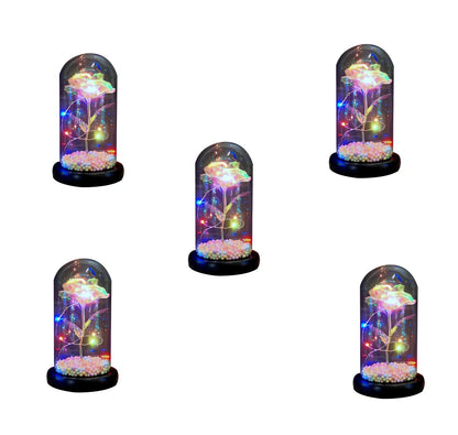 Glass dome LED rose flower micro landscape with gold petals and black base