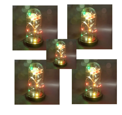 Glass dome LED rose flower micro landscape with gold petals and black base