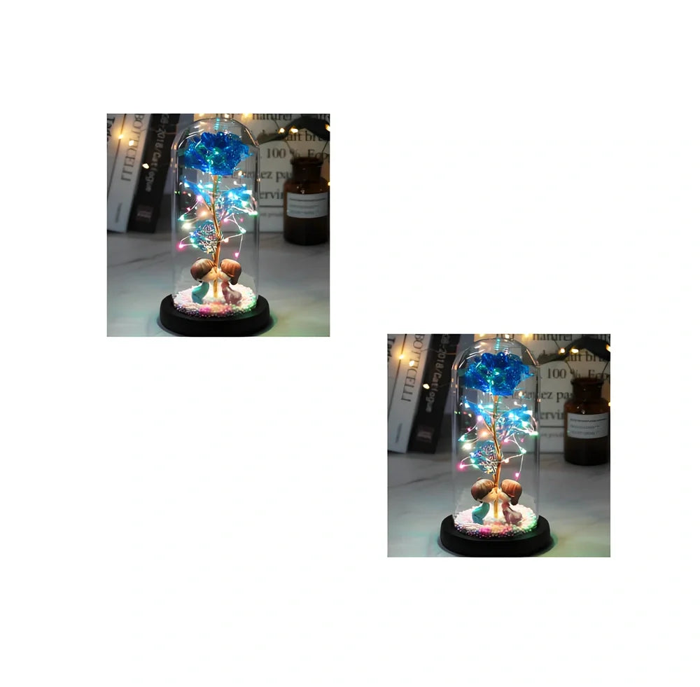 Glass dome LED rose flower micro landscape with gold petals and black base