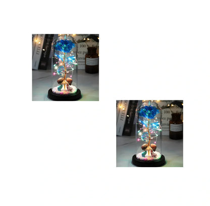 Glass dome LED rose flower micro landscape with gold petals and black base