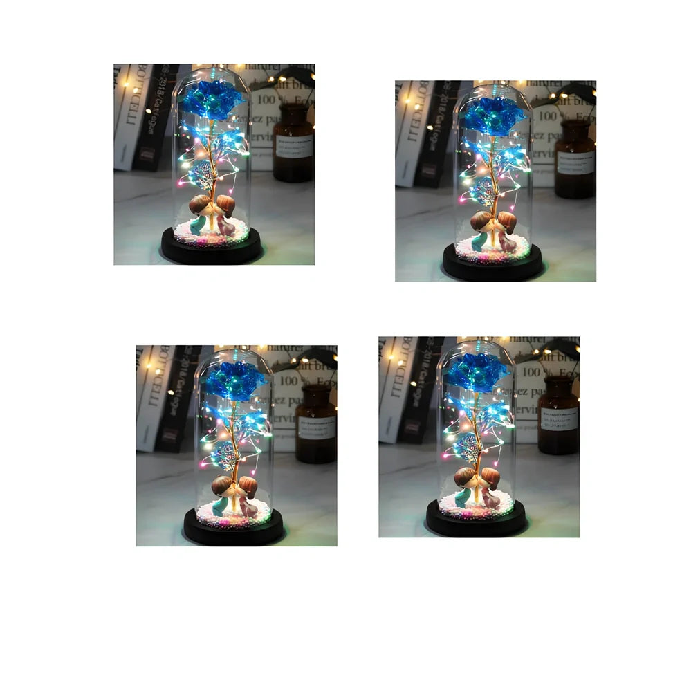 Glass dome LED rose flower micro landscape with gold petals and black base