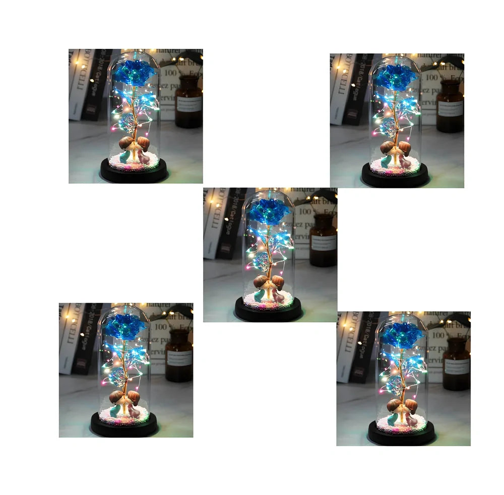 Glass dome LED rose flower micro landscape with gold petals and black base