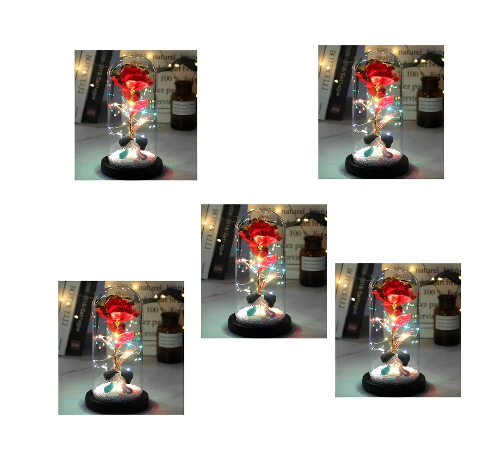 Glass dome LED rose flower micro landscape with gold petals and black base