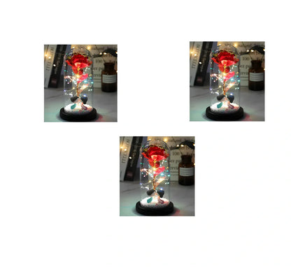 Glass dome LED rose flower micro landscape with gold petals and black base