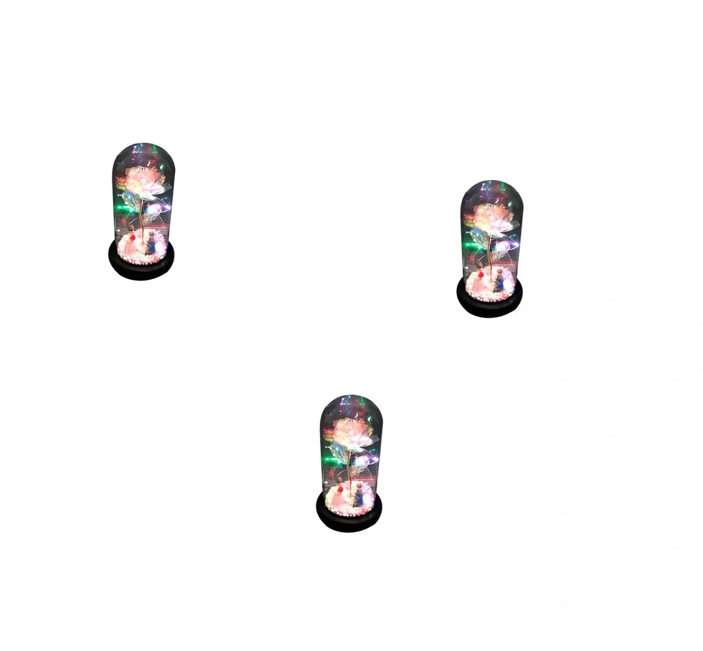 Glass dome LED rose flower micro landscape with gold petals and black base