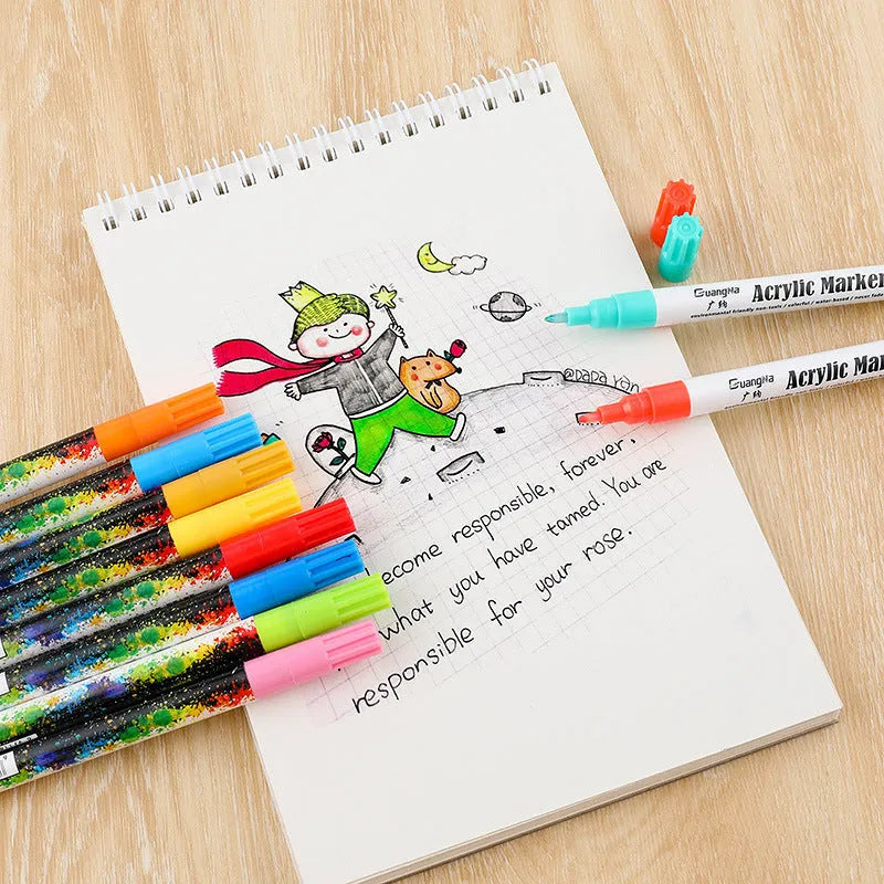 Acrylic paint marker pen set with 6 colourful refills for graffiti, brush painting, DIY photo albums and black card art, featuring 0.7mm fine nibs, plastic construction and 13.5cm pen length for office signage and wide creative use.