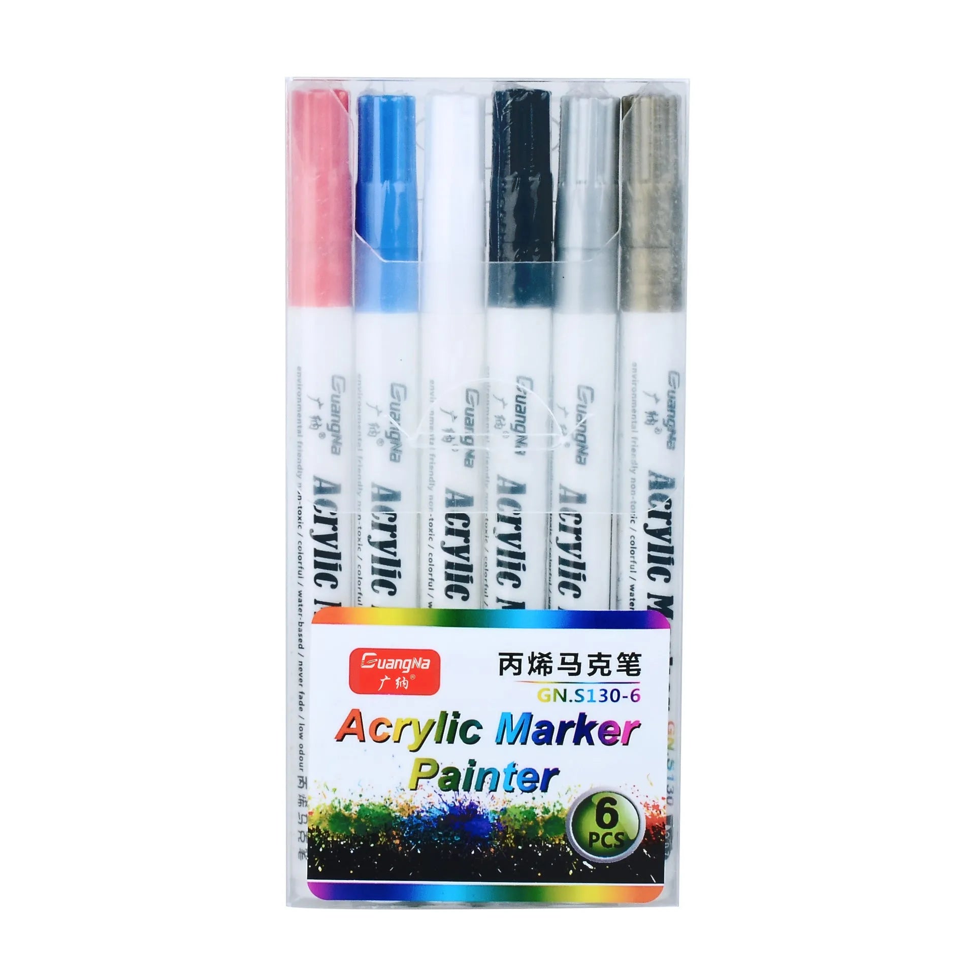Set of six colourful acrylic paint marker pens with 0.7mm nibs in a plastic box.
