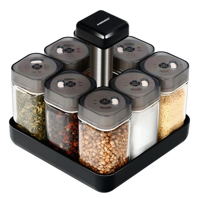 European Style Rotating Glass Seasoning Bottle Set on kitchen counter