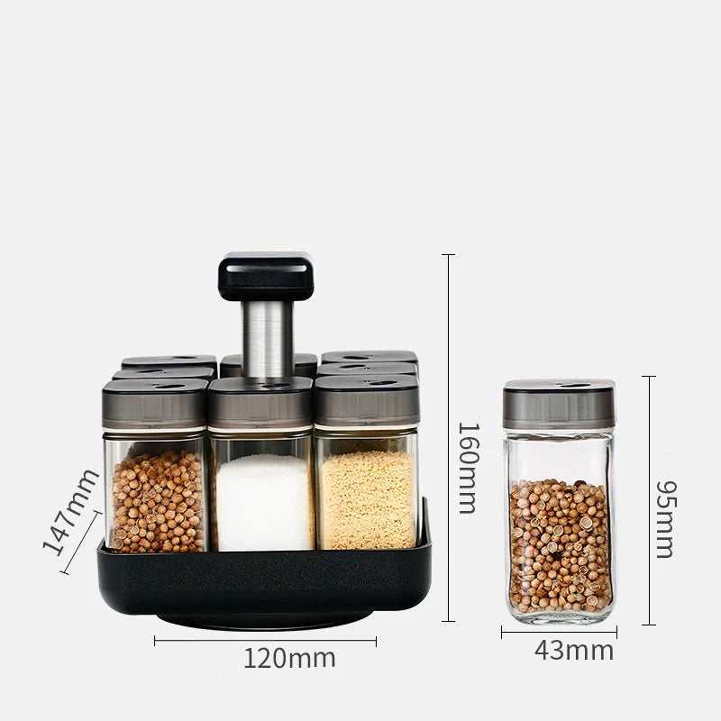 European Style Rotating Glass Seasoning Bottle Set on kitchen counter