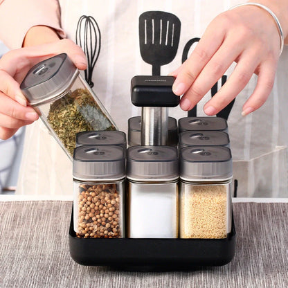 European Style Rotating Glass Seasoning Bottle Set on kitchen counter