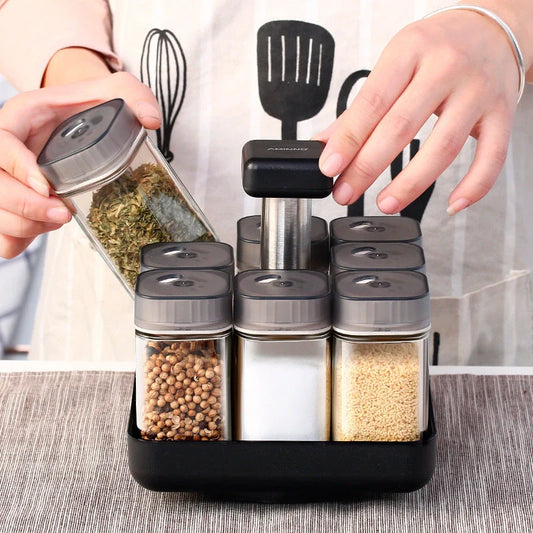 European Style Rotating Glass Seasoning Bottle Set on kitchen counter