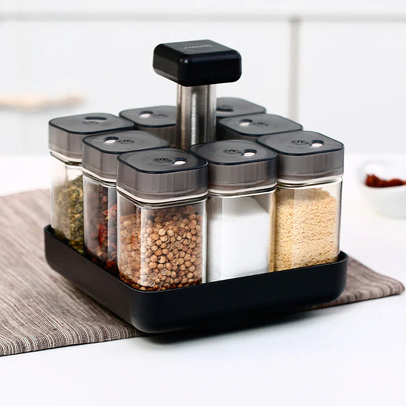European Style Rotating Glass Seasoning Bottle Set on kitchen counter