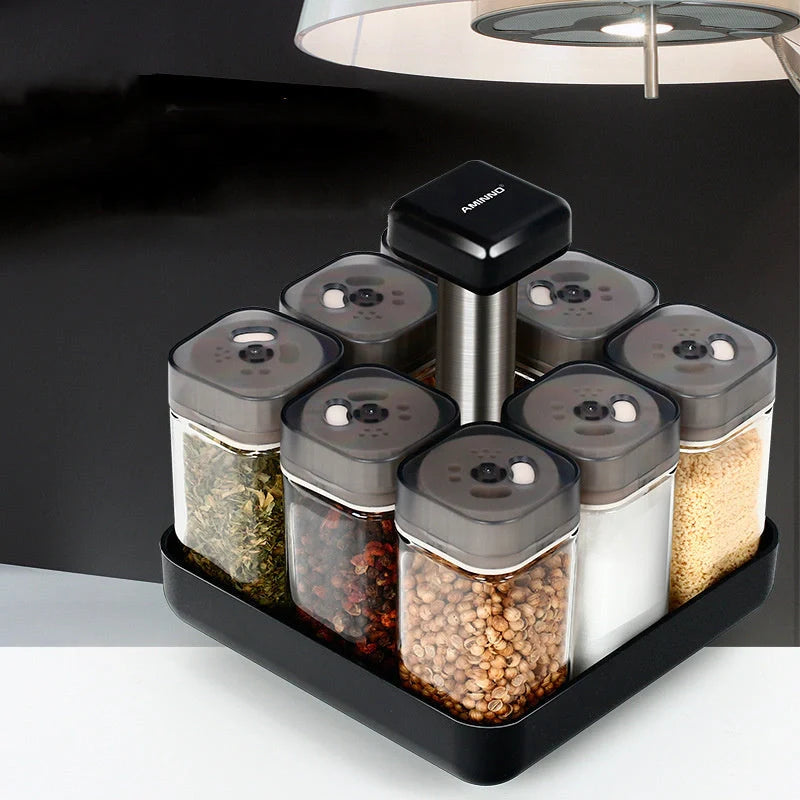 European Style Rotating Glass Seasoning Bottle Set on kitchen counter