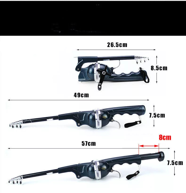 Compact foldable fishing rod with black epoxy construction and built-in reel
