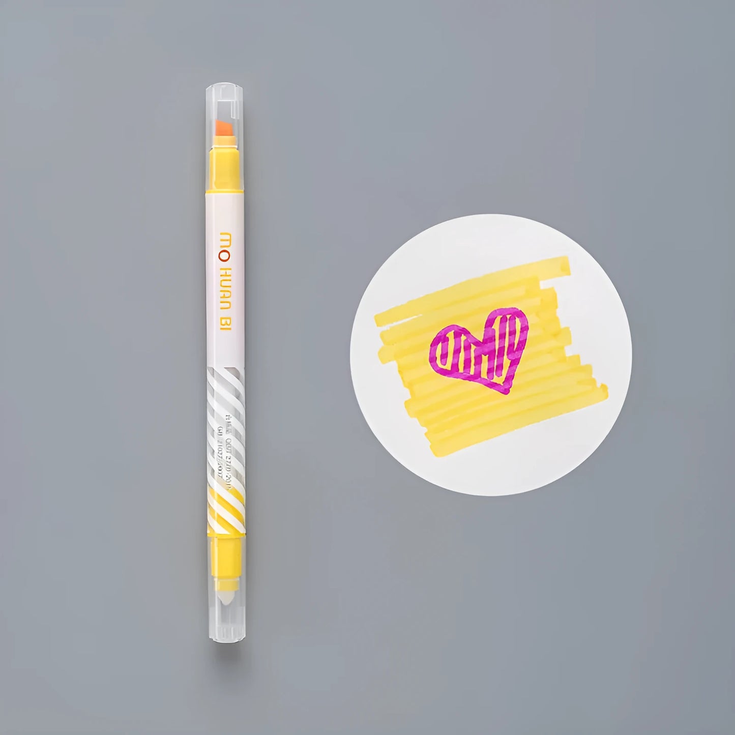 Colour-changing highlighter pen in five colours with plastic and fibre body.