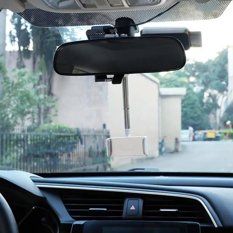 Vehicle rearview mirror mobile phone bracket in ABS plastic with two size options 18cm short and 21cm long suitable for all mobile phone models available in Black White Pink or custom colours