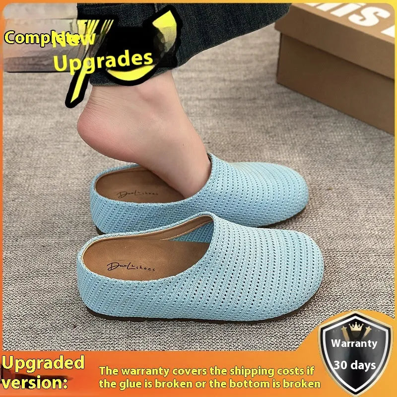 Women's non-slip cloth slippers with rubber sole in beige colour showing round toe design