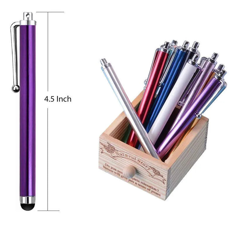 Universal Touch 9.0 capacitive pen in multiple colours next to a smartphone and tablet.