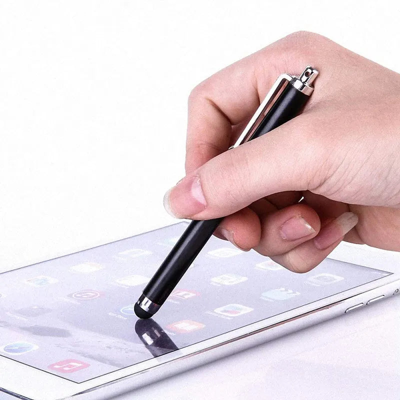 Universal Touch 9.0 capacitive pen in multiple colours next to a smartphone and tablet.