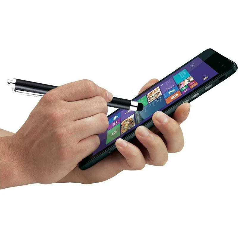 Universal Touch 9.0 capacitive pen in multiple colours next to a smartphone and tablet.