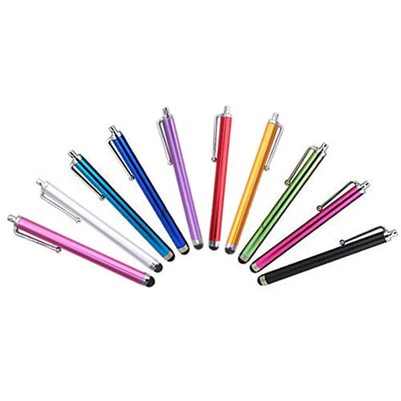 Universal Touch 9.0 capacitive pen in multiple colours next to a smartphone and tablet.