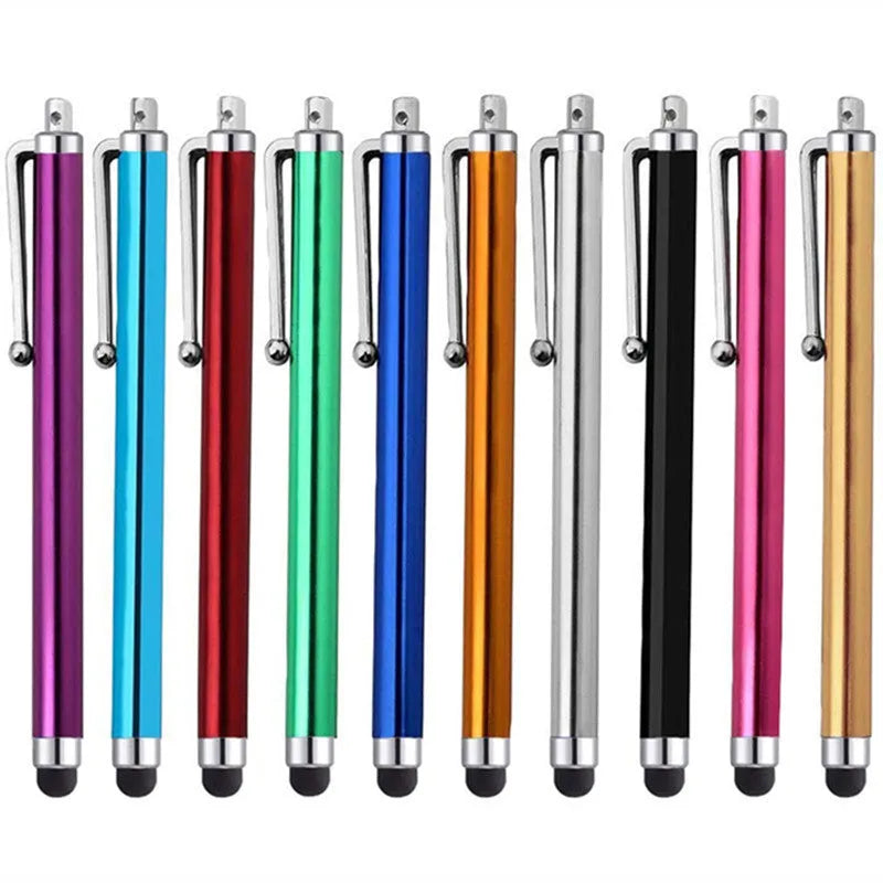 Universal Touch 9.0 capacitive pen in multiple colours next to a smartphone and tablet.