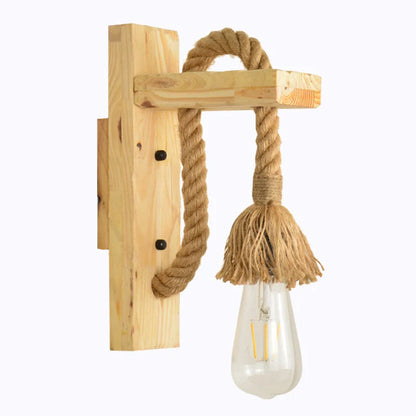 Industrial wood iron hemp rope wall lamp with adjustable lift pulley design