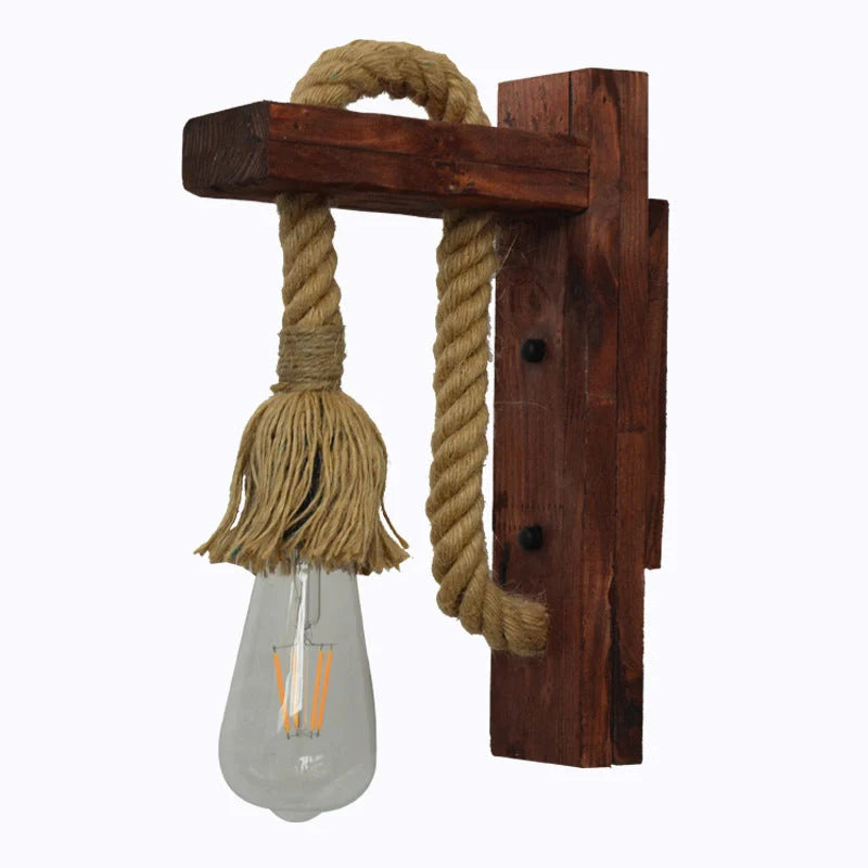 Industrial wood iron hemp rope wall lamp with adjustable lift pulley design