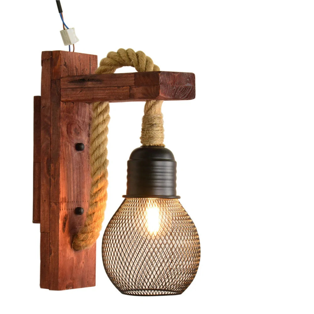 Industrial wood iron hemp rope wall lamp with adjustable lift pulley design