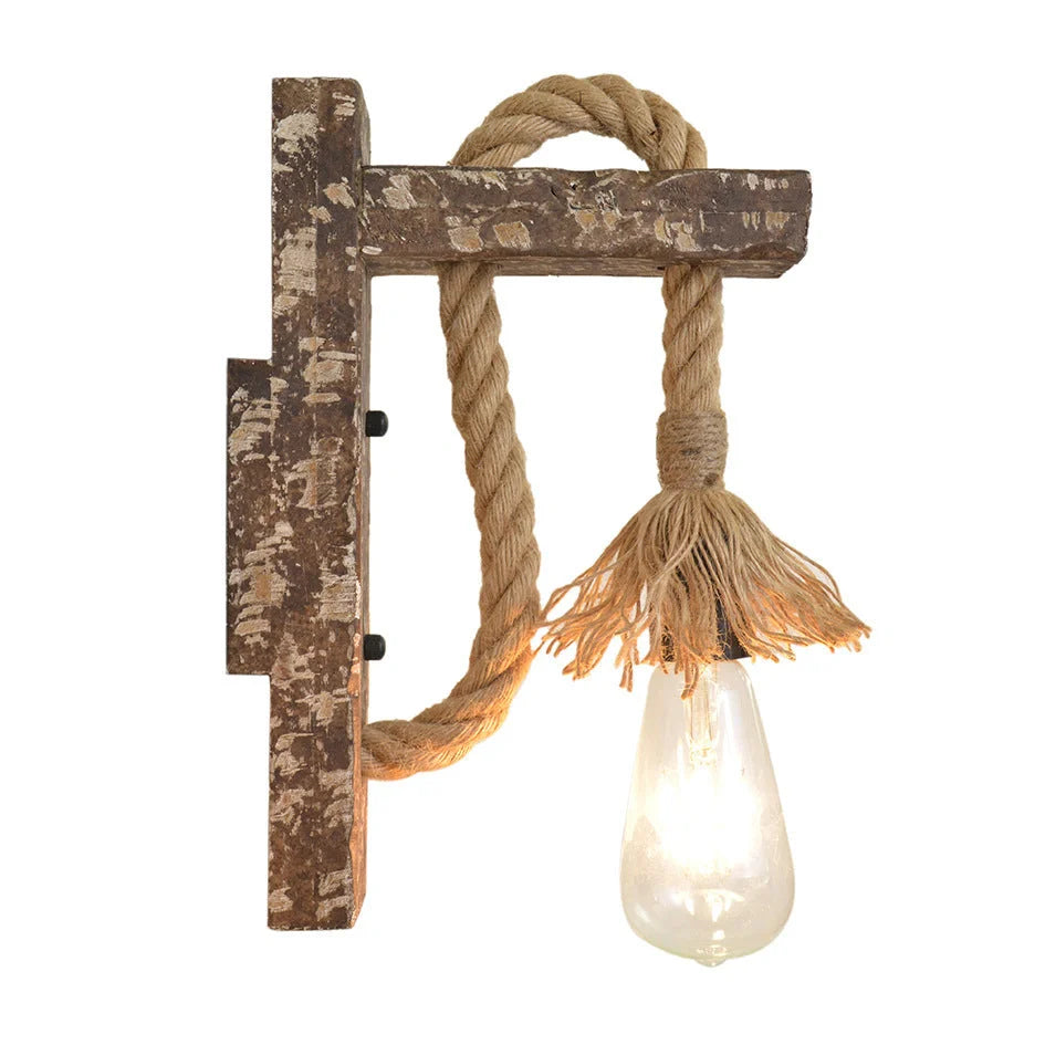 Industrial wood iron hemp rope wall lamp with adjustable lift pulley design