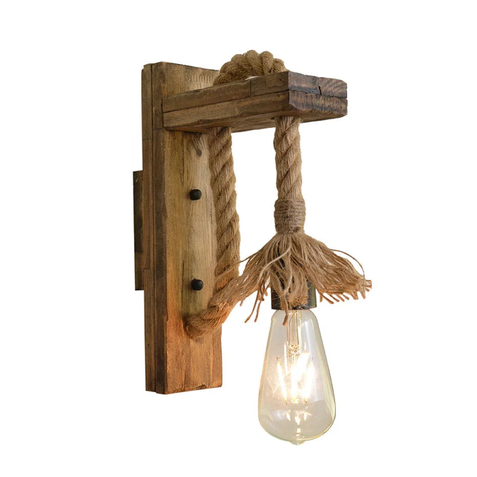 Industrial wood iron hemp rope wall lamp with adjustable lift pulley design