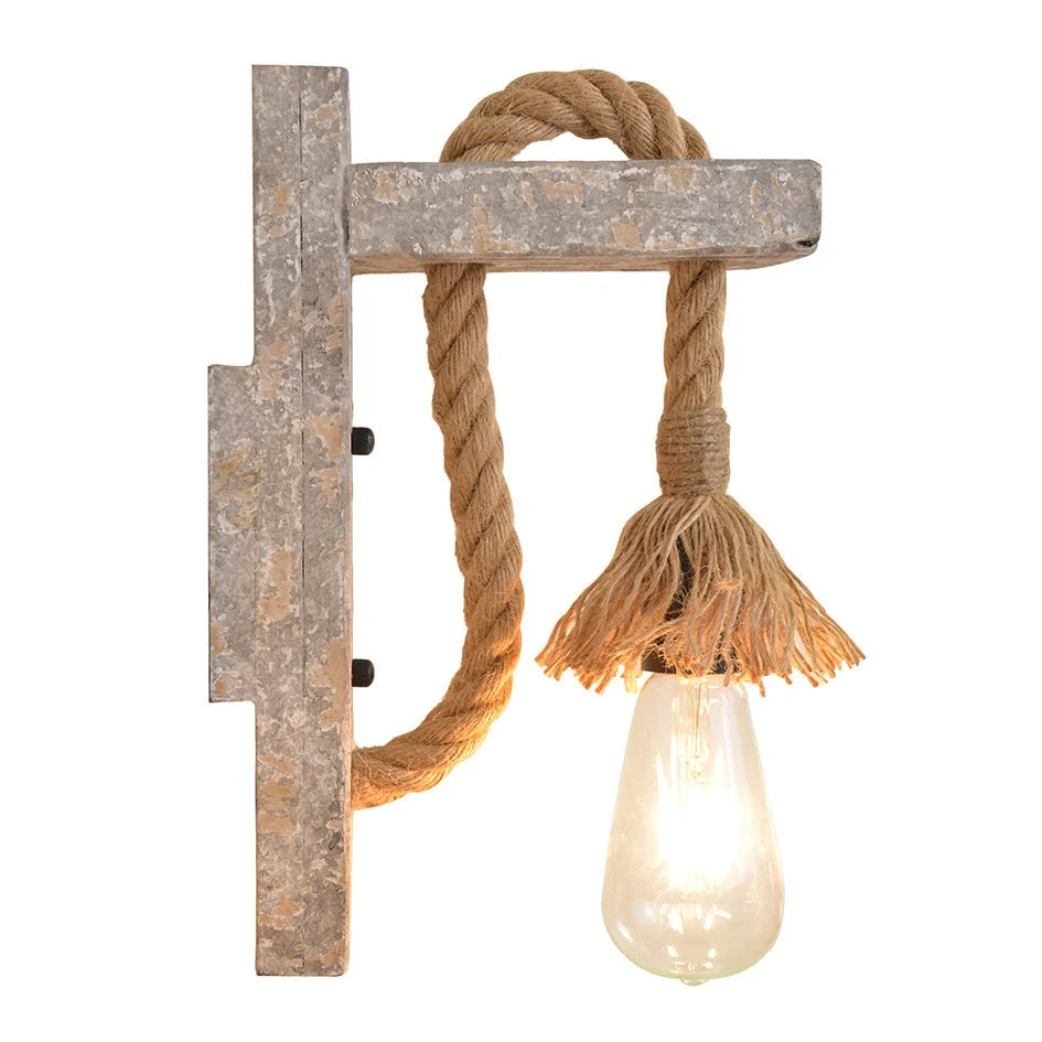 Industrial wood iron hemp rope wall lamp with adjustable lift pulley design