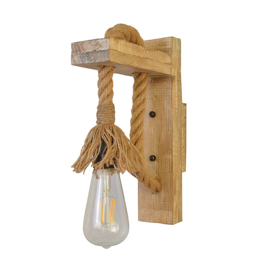 Industrial wood iron hemp rope wall lamp with adjustable lift pulley design