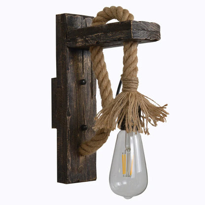 Industrial wood iron hemp rope wall lamp with adjustable lift pulley design