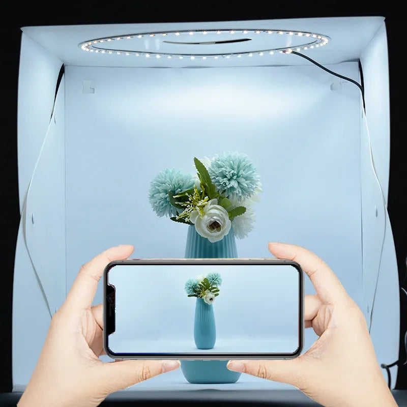 40cm folding photography studio light box with LED ring light and coloured backgrounds