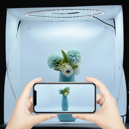 40cm folding photography studio light box with LED ring light and coloured backgrounds