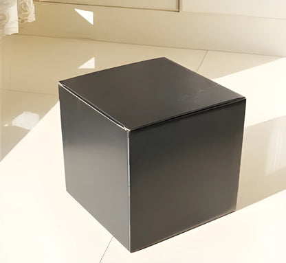 Square black corrugated cardboard packaging box with dimensions shown.