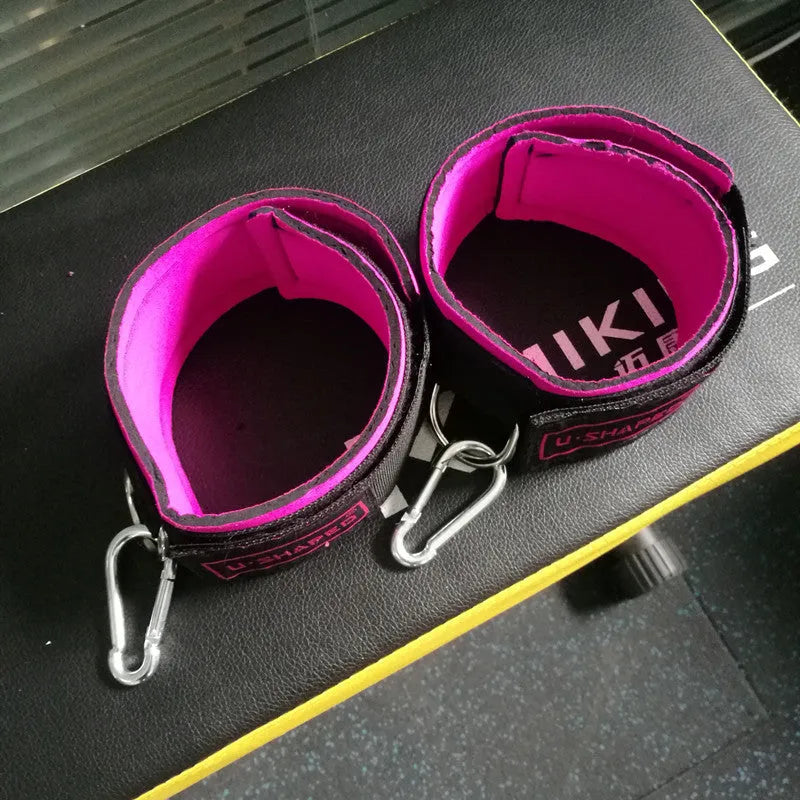 Pair of fitness ankle straps with thick neoprene padding and metal calabash hook, Black and Rose Red