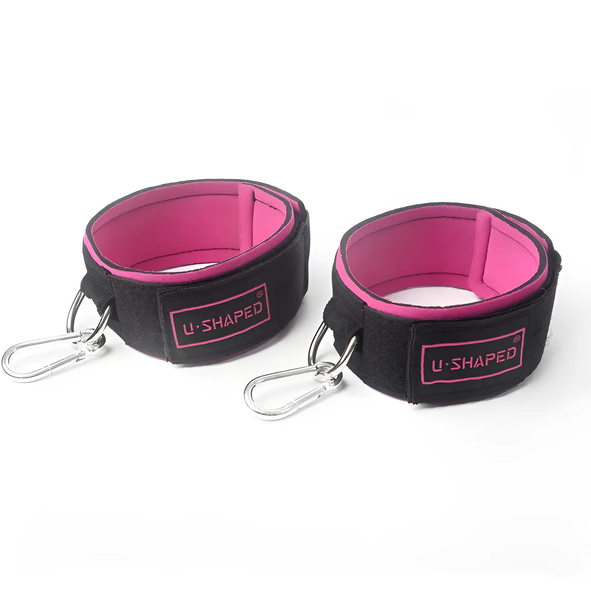 Pair of fitness ankle straps with thick neoprene padding and metal calabash hook, Black and Rose Red